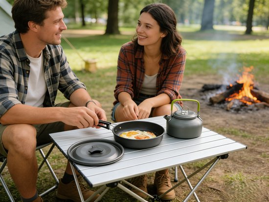 Camping Kookset - 9-delig - Pannenset campingkooksets - Camping servies - RVS aluminium - Caravan & Camper accessoires - Camping pan - voor buiten, picknicken, kamperen en wandelvakanties van Merkloos — afbeelding 3