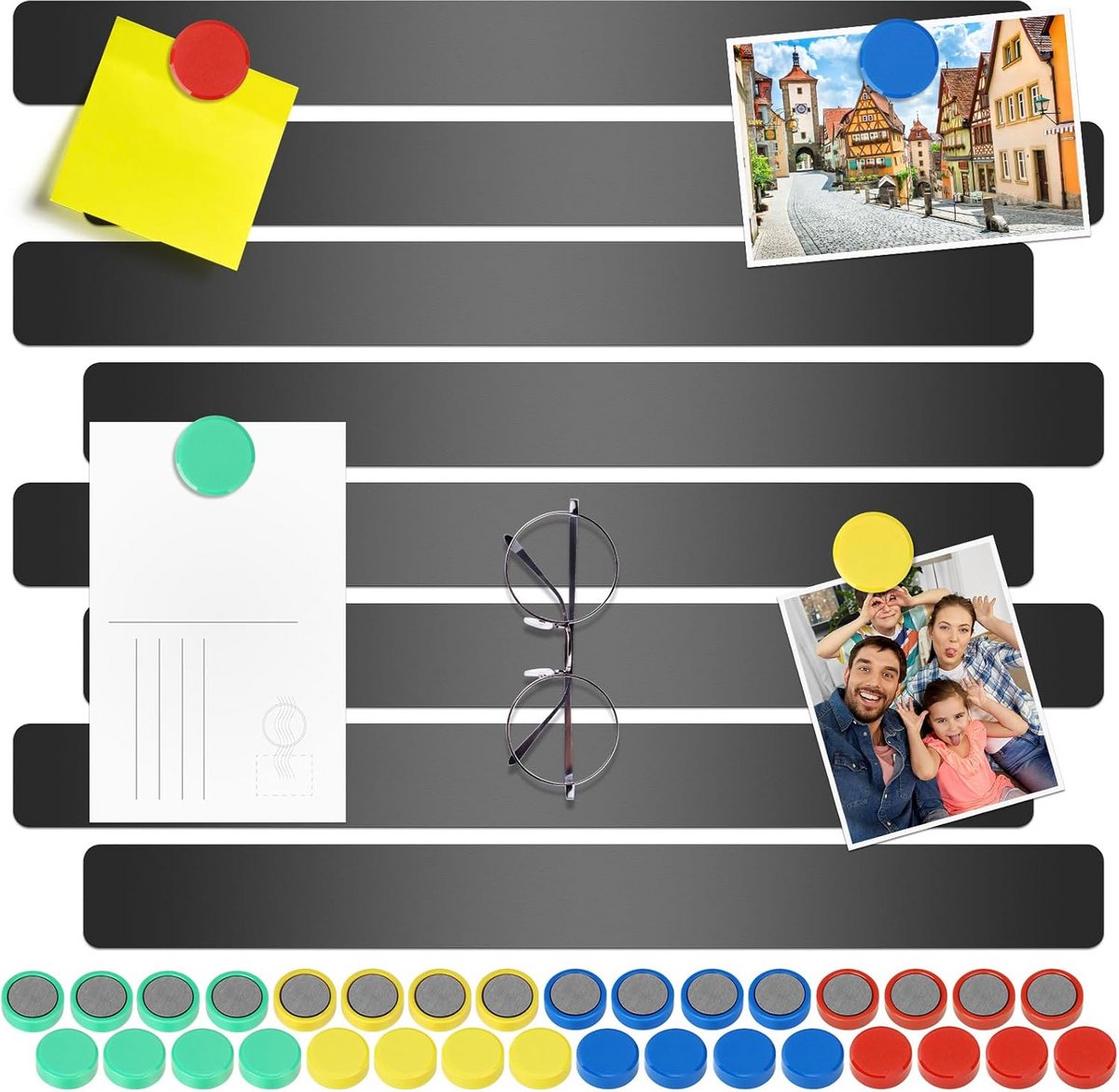 Zwarte Magnetische Strips en Kleurrijke Koelkastmagneten Set voor Prikbord