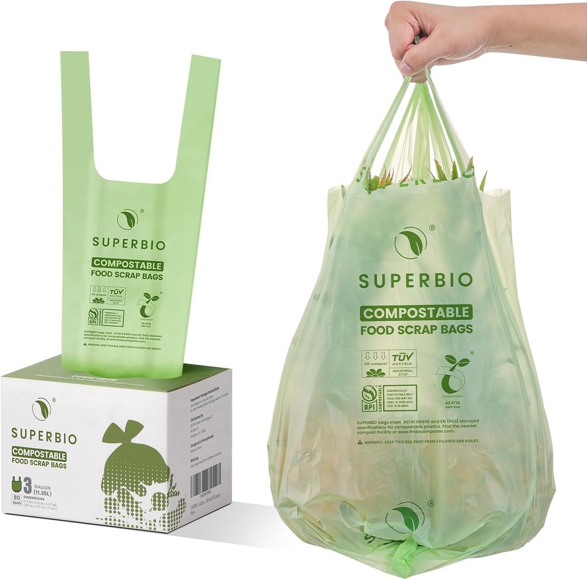 3 Gallon Composteerbare Vuilniszakken met Handvat, 80 Stuks - Voor Keuken, Badkamer en Kantoor - BPI & OK Compost Gecertificeerd