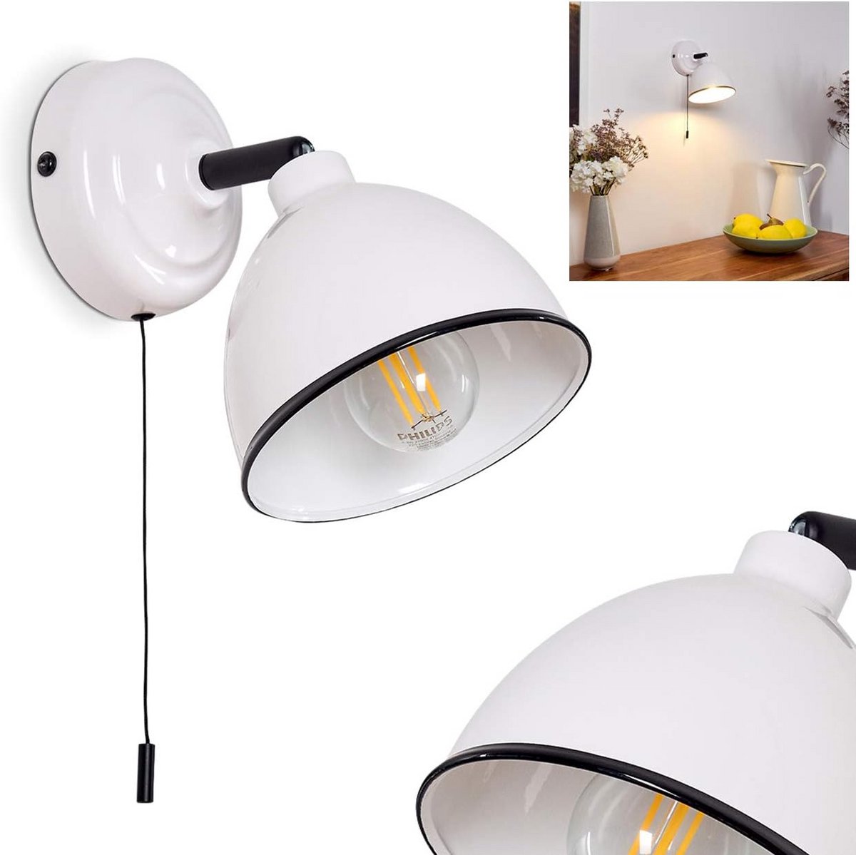 Moderne Wandlamp Wit/Zwart Metaal - Richtbare Spot met Trekkoordschakelaar voor Woonkamer of Studeerkamer