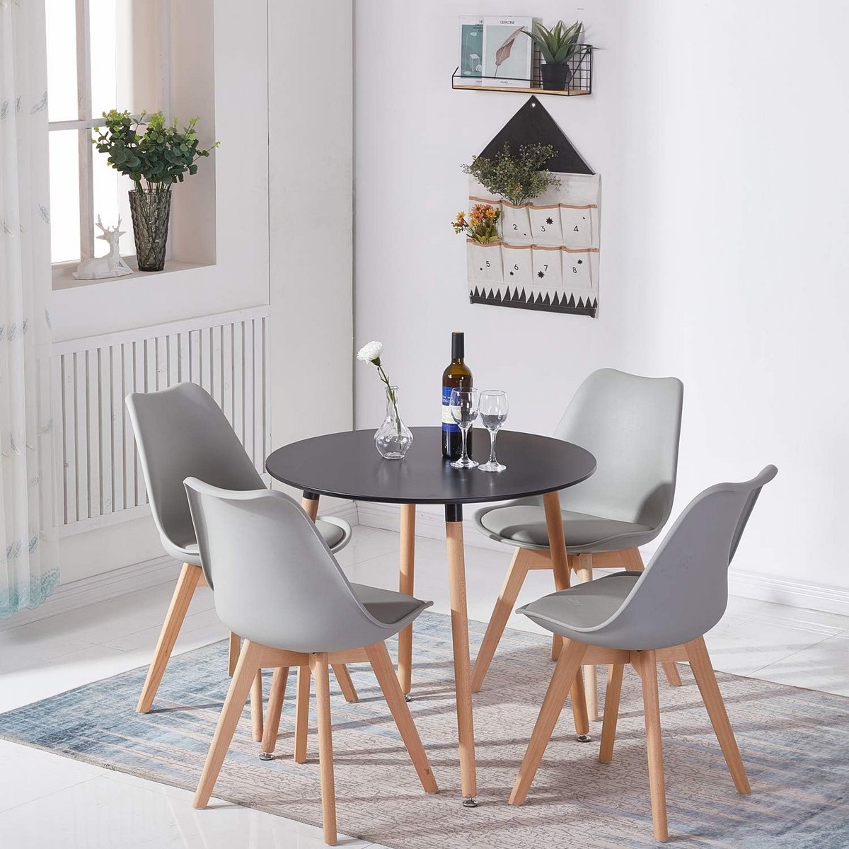 Ronde Eetkamerset met 4 Grijze Stoelen, 5-Delige Eetgroep voor Woonkamer en Keuken