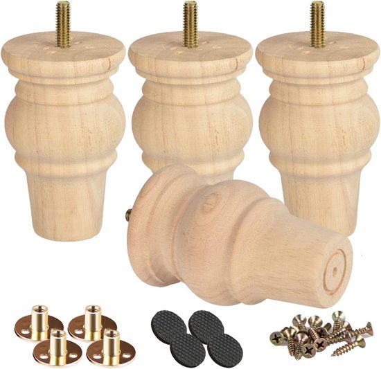 Generisch Massief houten meubelpoten, vervanging voor bank, bed, kast, bank, zwart, 4 stuks (5 cm), houten tafelpoten met M6 draad, kastpoten, tafelonderstel