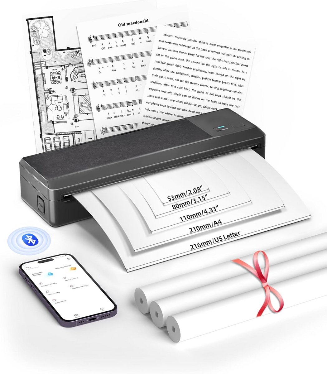 Draagbare Thermische Printer A4 Mobiel Afdrukken Bluetooth Compatibel met iOS Android