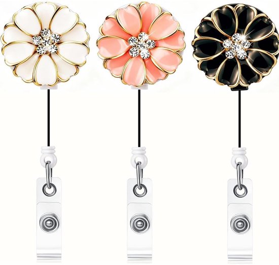 QTTVBTNA - 3 Porte-cartes rétractables avec Design Camelia – Porte-ID Glitter Strass avec pince crocodile forte – Enrouleur de carte rétractable en douceur – Élégant, durable et pratique – Pour le travail et l'usage quotidien – Rose, Zwart & Wit