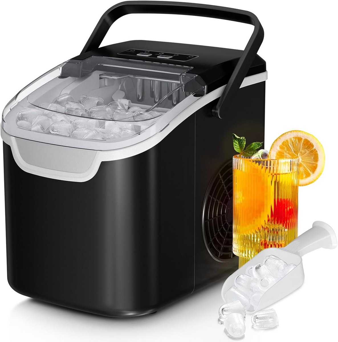 Draagbare ijsmachine voor aanrecht, 8 ijsblokjes in 6 minuten, 29 lbs/dag kogelijs, 2 maten, zwart
