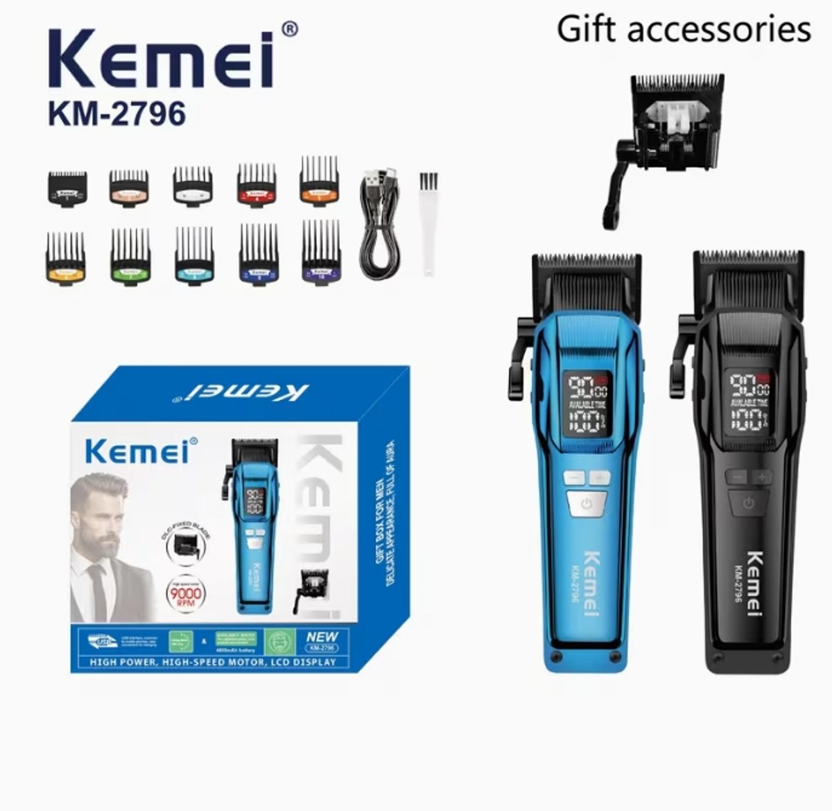 Kemei KM-2796 Borstelloze Motor DLC Mes LCD Display 9000 RPM Professionele Haartrimmer Haarknipmachine Haarverzorgingsapparaat voor Mannen