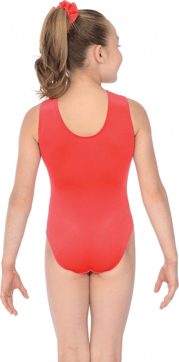 Rood effen velours turnpakje mouwloos maat 152-158 meisjes gympakje rode wijn wijnrood wijnrode velourse fluweel fluwelen stretch
