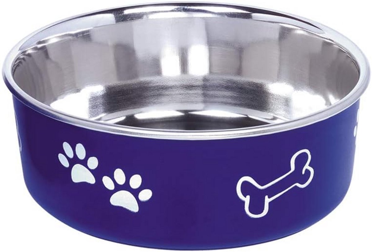 RVS Voerbak Hond Antislip Blauw met Potenmotief - Vaatwasmachinebestendig