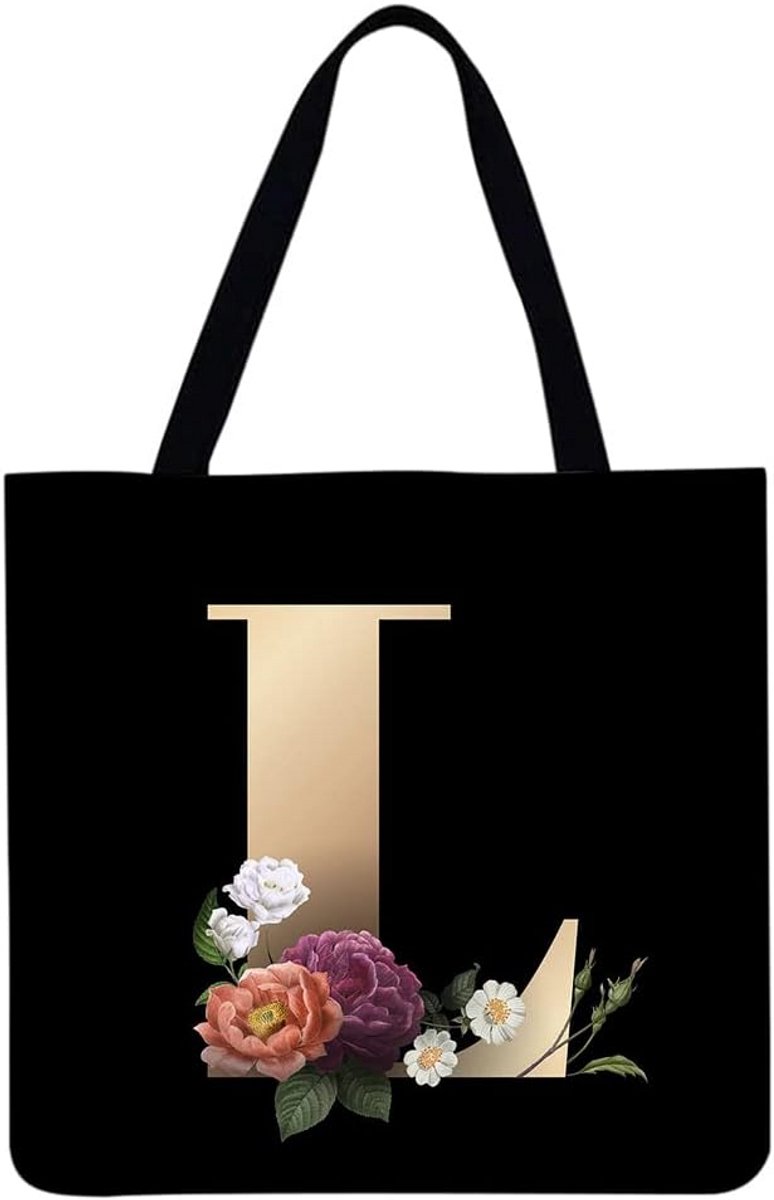 Grote Linnen Schoudertas met Bloemmotief en Initiaal - Handtas voor Dames