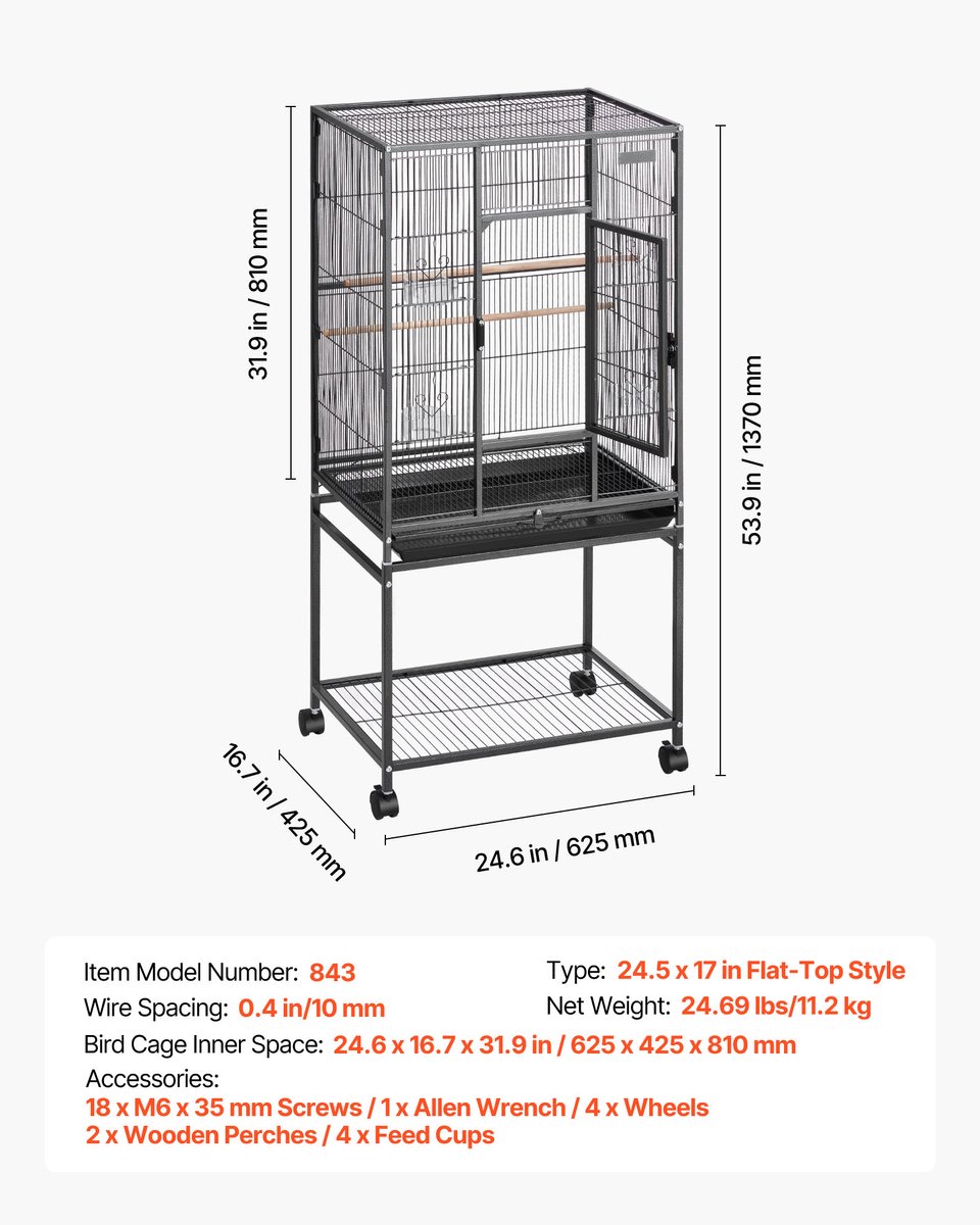 VEVOR Vogelkooi, 62,5x42,5x137cm, Smeedijzeren Volière met Zitstokken, Lade en Plastic Voerbakjes, Wielen, Vogelhuisje voor Papegaaien, Koolmezen, Valkparkieten en Kanaries thumbnail 5