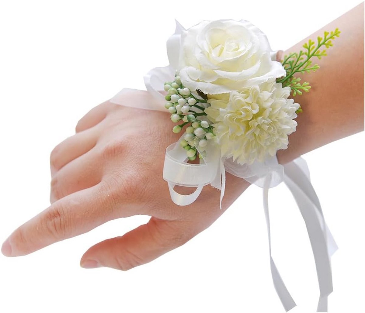 2 Stuks Polsbloemen Bruiloft Bruidsmeisje Corsage Bloem Armband Wit