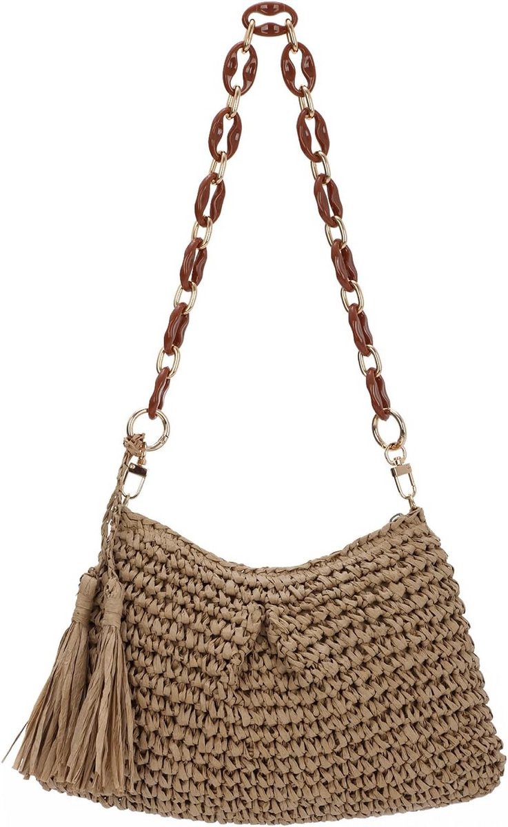 Zomerse Raffia Schoudertas - Boho Geweven Stro Onderarmtas met Keten