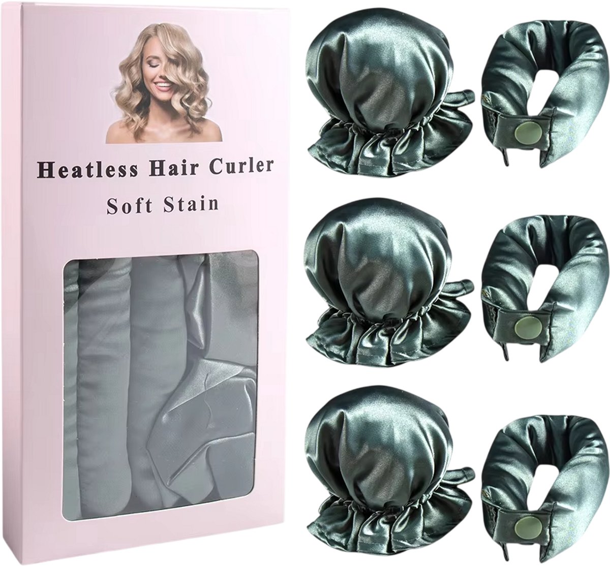 Hittevrije Krulband van Satijn – 3-delige Curling Rod voor Krullen zonder Hitte – Overnight Haar Kruller - GROEN