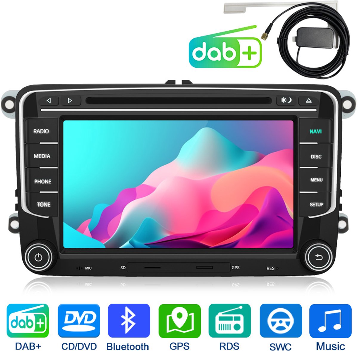 Junsun Wince 6.0 Autoradio met CD DVD SD Geschikt voor VW GOLF PASSAT EOS TIGUAN TOURAN Sharan POLO MK4, DAB+, USB, GPS-Navigatie, Bluetooth, WIFI, 7-inch Touchscreen, Stuurwielbediening + AUX