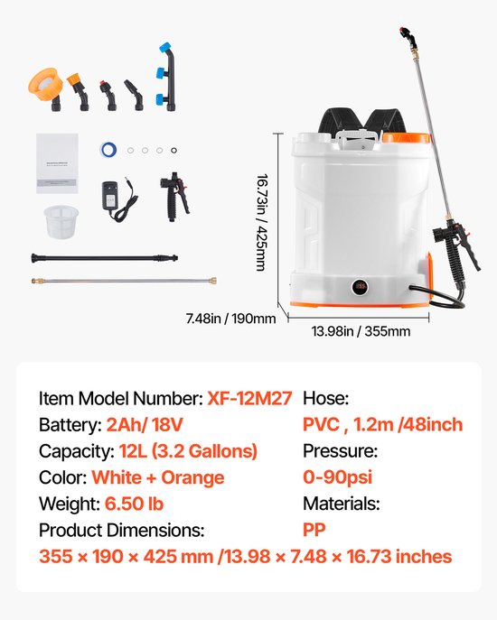 Accu Drukspuit - Elektrische Rugspuit 12 Liter - 0–6 Bar Instelbaar - 2 Uur Werktijd - 2 Telescopische Lansen - 5 Sproeikoppen - Voor Tuin & Gazon - Draagbaar — afbeelding 2