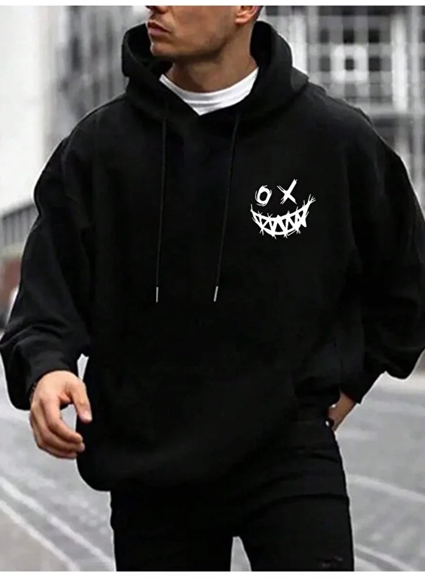Trendy Zwarte Hoodie met Creatief Grijnzend Gezichtsprint en Streetwear Stijl voor Mannen en Vrouwen - 2XL-3XL