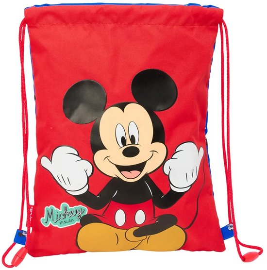 Rode gymtas met Mickey Mouse en de tekst 'Mickey Mouse'. Blauwe trekkoorden.