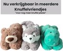 Bruine beer, grijze wolf en groene krokodil knuffels naast elkaar, 'Nu verkrijgbaar in meerdere knuffelvriendjes' staat erboven.