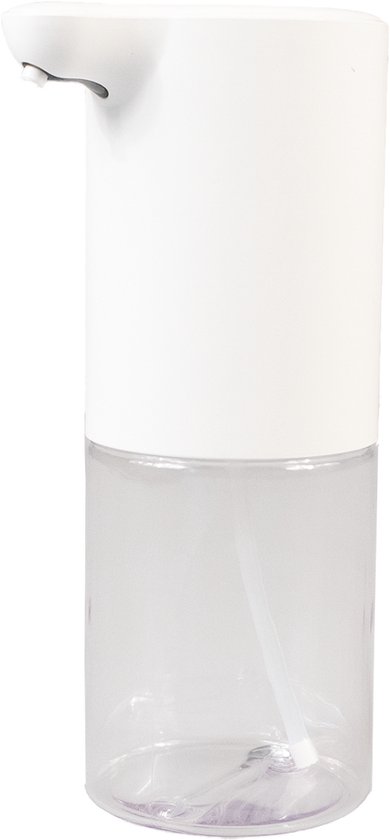 Witte automatische schuimzeepdispenser met een doorzichtige bodem en een witte dop met sensor.