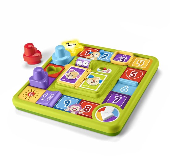 Groen Fisher Price speelbord met nummers 1-10, kleurrijke vormen, een ster met gezichtje en draaibare kaarten met dieren.
