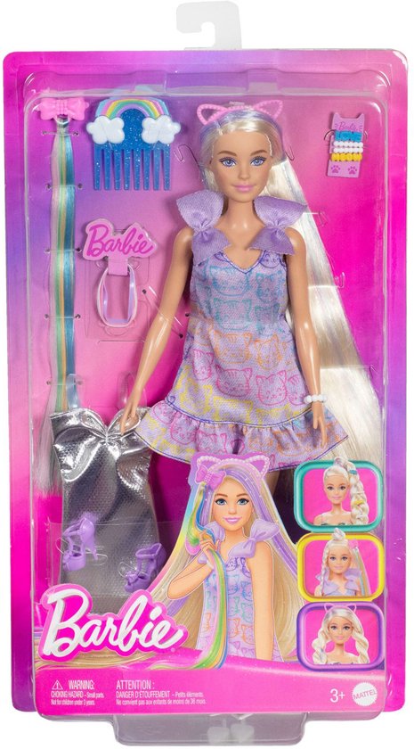 Barbie in verpakking met jurk met kattendessin en diverse accessoires, waaronder haarclips.