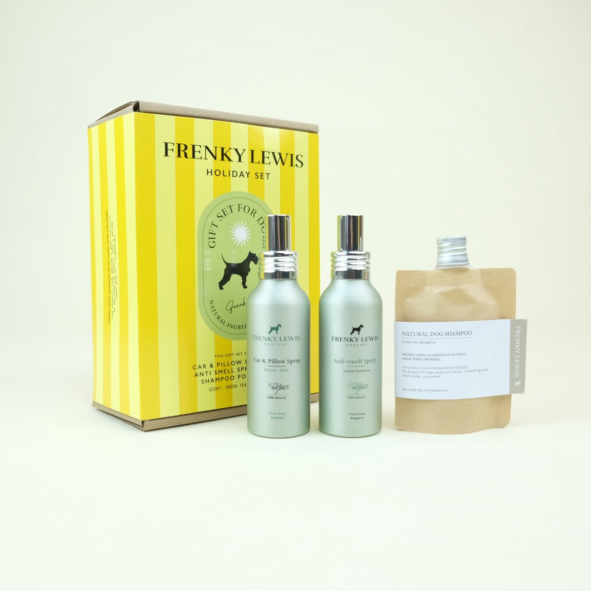 Holiday set - 100ml Car & Pillow Spray + 100ml Anti Smell Spray + 30ml Shampoo pouch - Green Tea & Bergamot
