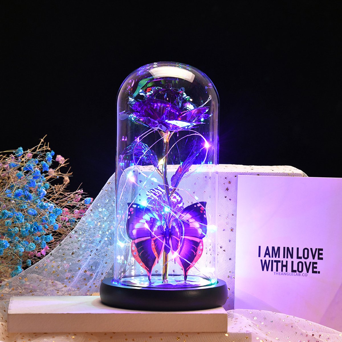 KZQ Rozen als Valentijnsdagcadeau, verjaardagscadeaus voor haar, glazen rozen met sterrenhemelmotief, rozen in een glazen koepel, eeuwige kristallen bloemen met vlinders, Valentijnsdagcadeaus voor dochters, moeders, echtgenotes en vriendinnen, roze.