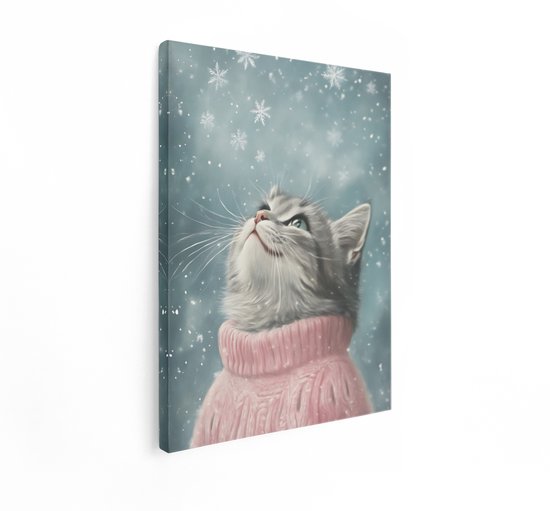 Artaza Canvas Schilderij Kat - 60x80 cm - Wanddecoratie Kinderkamer - Muurdecoratie Dieren - Decoratie Sneeuwvlokken - Roze
