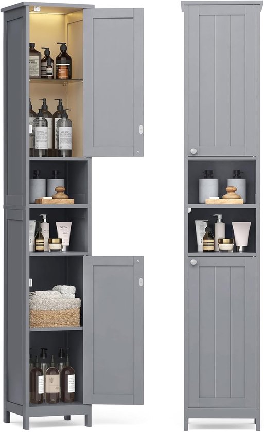 eSituro Hoge badkamerkast, badkamerkast met 2 deuren, 2 open vakken, badkamermeubel met verstelbare planken, wit, 30 x 180 x 28 cm