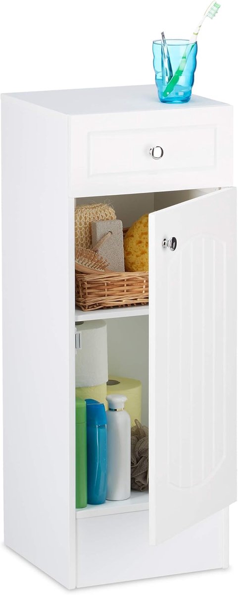 Famanu – Smalle badkamerkast staand met lade en lamellen deur compacte opbergkast wit