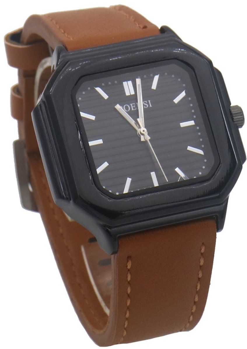 Horloge - quartz - PU band - zwart-bruin