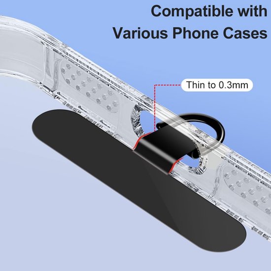 Zwarte telefoonkoordclip, dun (0.3mm), met een D-ring, compatibel met diverse telefoonhoesjes.