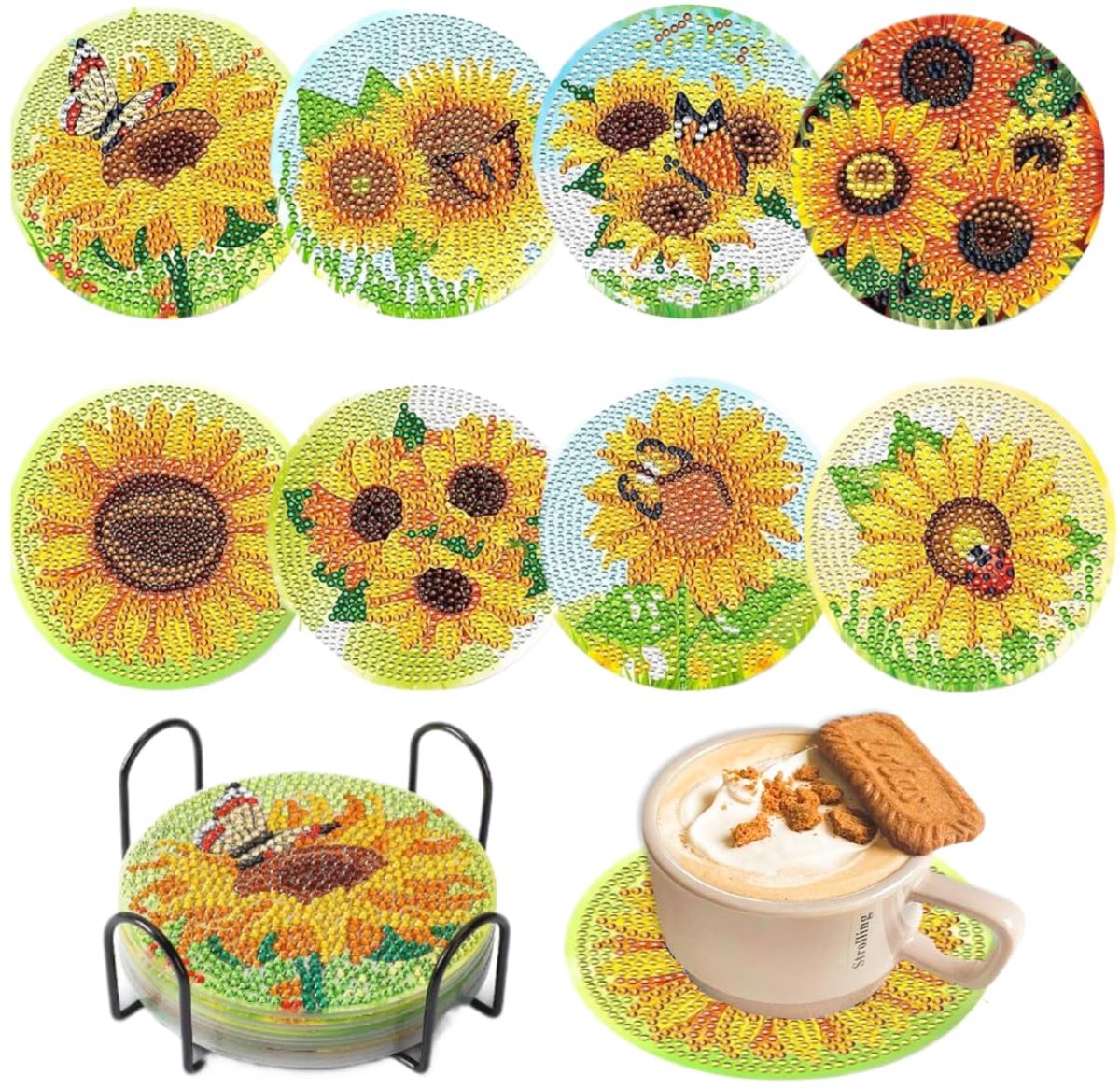 YYchan DIY Diamond Painting Onderzetters Set - 8 Stuks met Houder - Zonnige Zonnebloemen - Handgemaakt & Hittebestendig - Perfect Cadeau