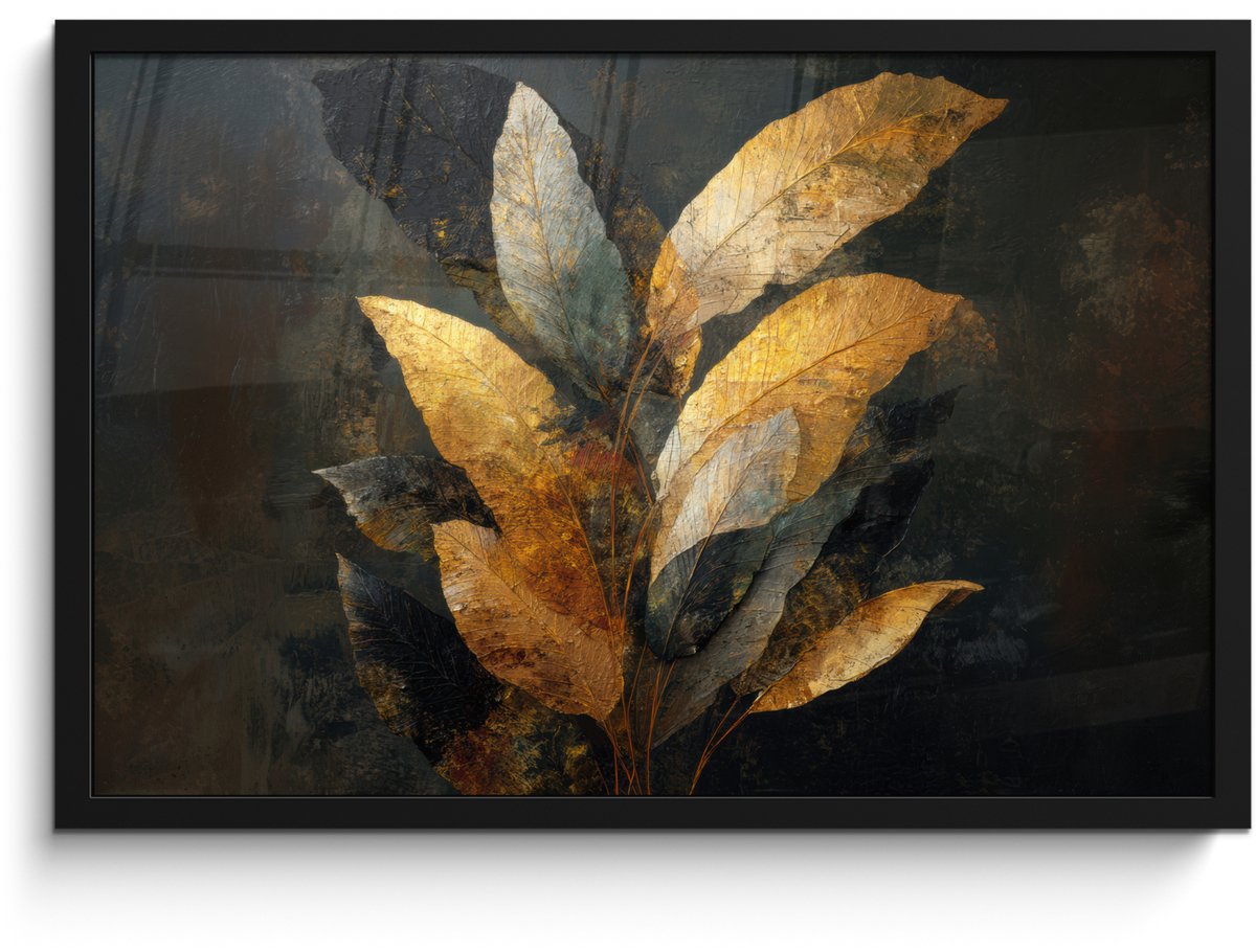 FrameYourWall Poster in lijst - Fotolijst 60x40 cm - Posters - Gouden Bladcompositie – Botanische Luxe - Posterlijst zwart - Decoratie - Wanddecoratie woonkamer - Muurdecoratie slaapkamer Bladeren - Goud - Luxe