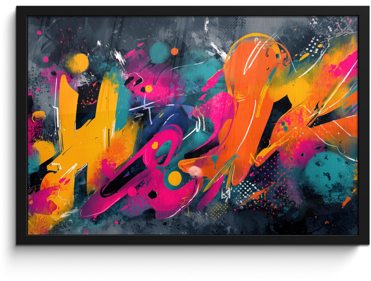 FrameYourWall Poster in lijst - Fotolijst 60x40 cm - Posters - Abstract - Graffiti - Kleurrijk - Verfspatten - Posterlijst zwart - Decoratie - Wanddecoratie woonkamer - Muurdecoratie slaapkamer