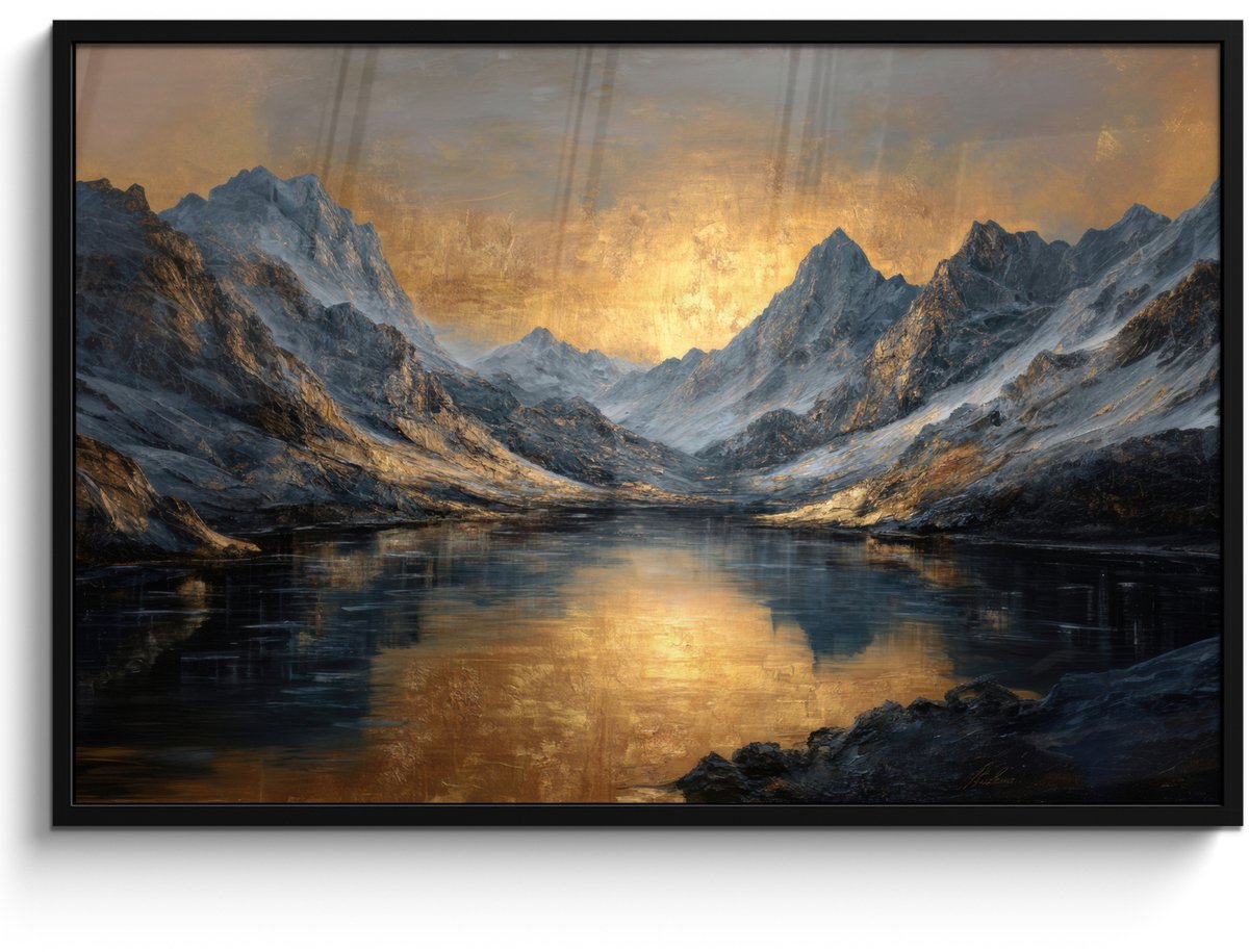 FrameYourWall Poster in lijst - Fotolijst 120x80 cm - Posters - Berglandschap met Gouden Zonsondergang - Posterlijst zwart - Decoratie - Wanddecoratie woonkamer - Muurdecoratie slaapkamer Bergen - Zonsondergang - Meer
