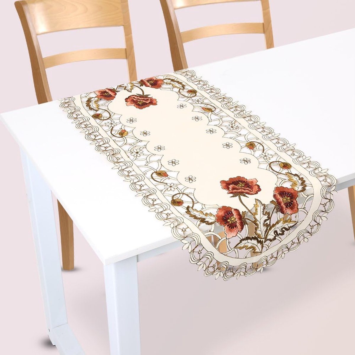 Ovale Tafelloper Rode Bloemen – Geborduurde Bloem Tafelmat Voor Eetkamerdecoratie