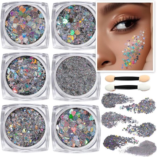 6 stuks - Chunky Glitters - Body Glitter - Chunky Festival Glitters - Biologisch afbreekbare - Face Glitter - Body Glitter Gel - Festival Haar Glitter Gel - Feest - Kinderen Volwassenen Dames Makeup Schmink - Voor gezicht, lichaam en haar - Zilver