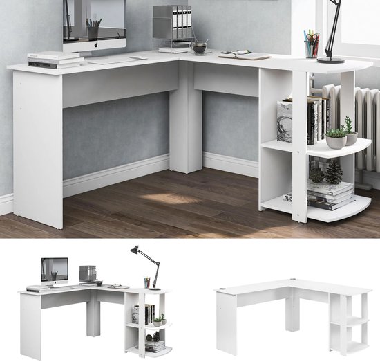 Techni Mobili L-vormig Bureau – Wit/goud, Met Lade En Planken – Stevig En Ruim, Perfect Voor Een Stijlvol Thuiskantoor