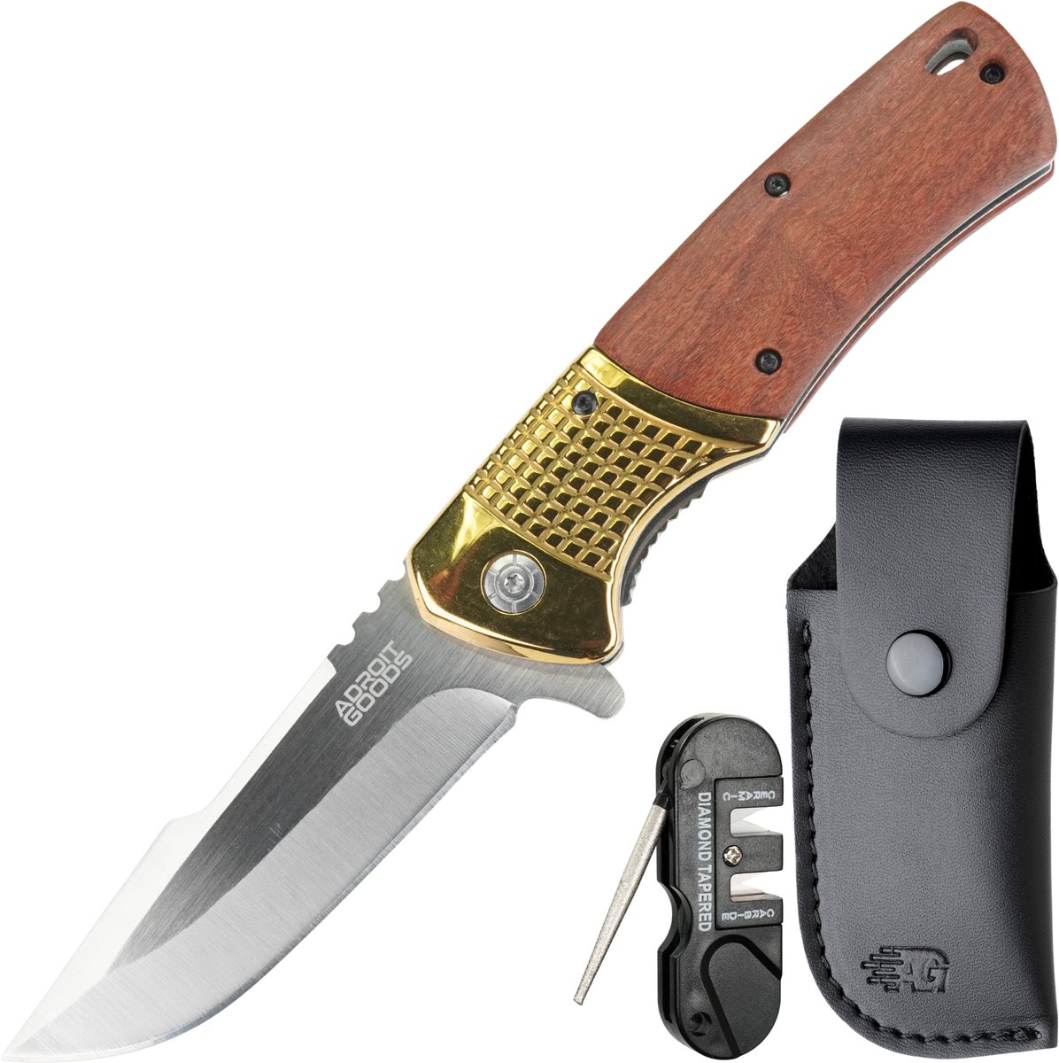 AdroitGoods Zakmes met palissander en messing details – incl. hoes en slijptool - Premium opvouwbaar outdoor-mes met houten handgreep - Duurzaam zakmes voor kamperen, wandelen, outdoor survival