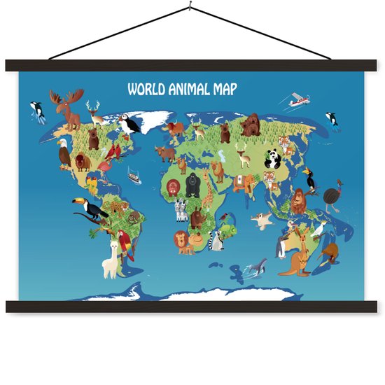 Carte du monde avec animaux; une carte du monde bleue avec divers animaux de dessin animé tels qu'un lion, un tigre, un panda et un éléphant.