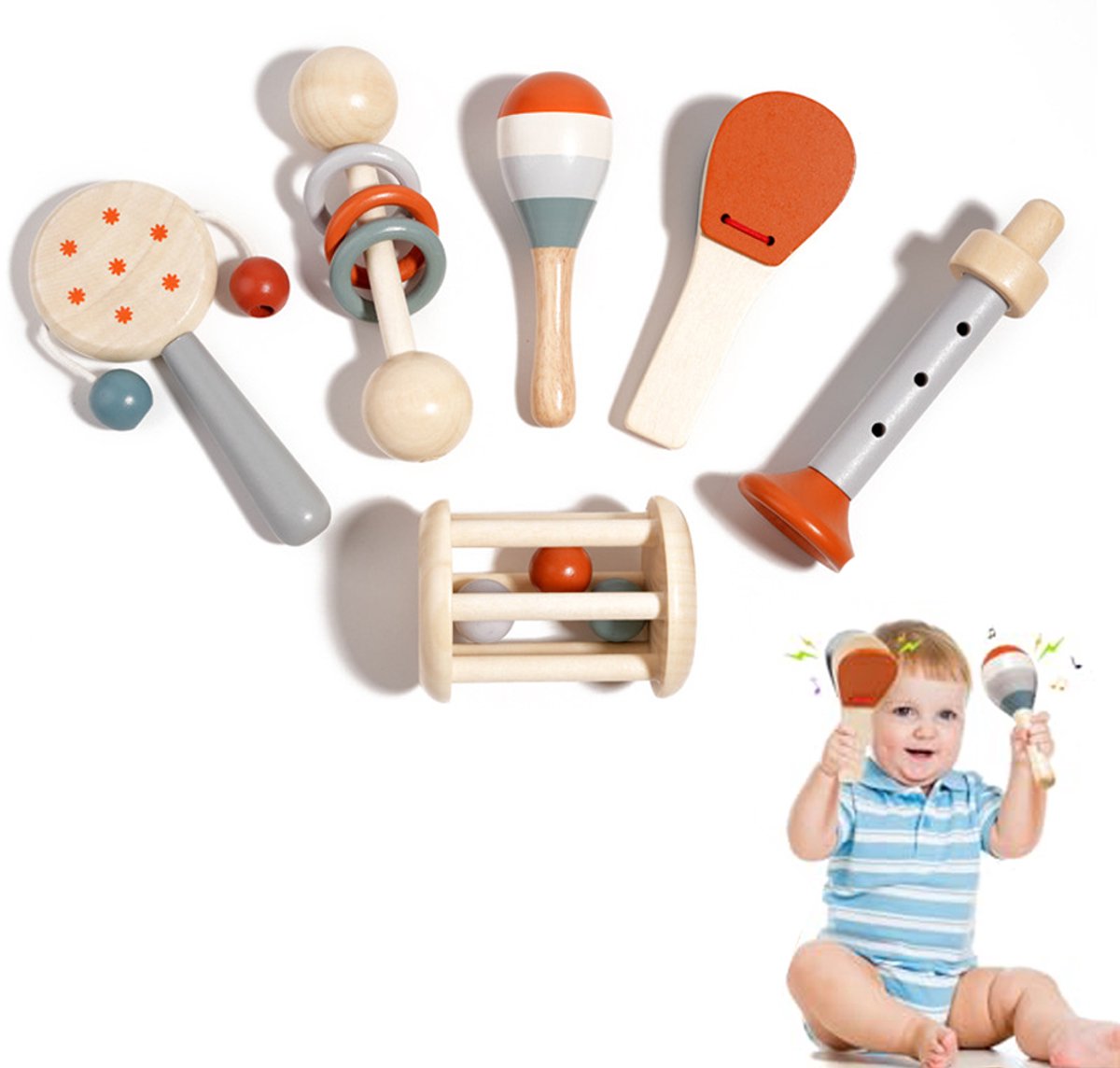 6 stuks muziekinstrumenten voor kinderen, Montessori muziekinstrumenten voor baby's, babymuziekspeelgoed, percussieset met maracas, trompet, castagnetten, verjaardagscadeau voor kinderen vanaf 1 jaar
