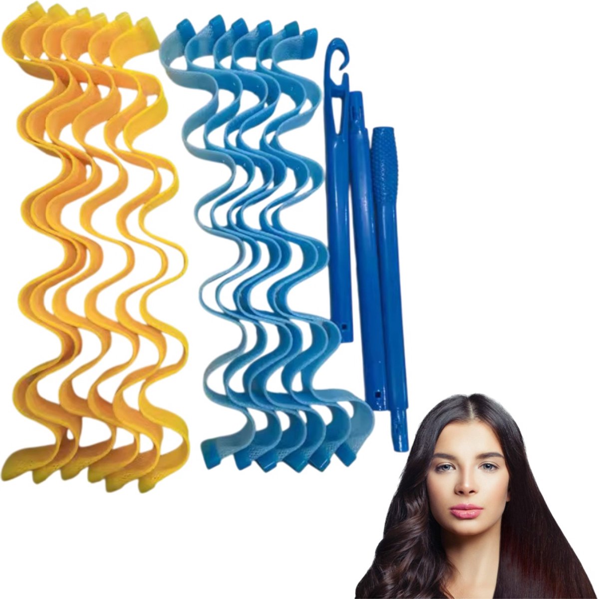 12 stuks Krultang zonder verwarming - zacht voor het haar, langdurige fixatie - krultang voor lang haar - krultang voor golvend haar van gemiddelde lengte - 30 cm *2.5*0.1cm - voor vrouwen met lang en middellang haar - blauw + geel