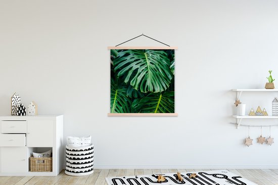 Support pour affiches avec affiche 120 x 120 cm - Affiche scolaire - Feuilles botaniques vert foncé dans un jardin - Affiche textile - Lattes vierges