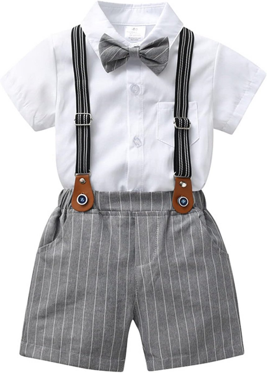 Schattige Baby Jongen Gentleman Pak Set: Strik, Hemd, Bretels en Broekje