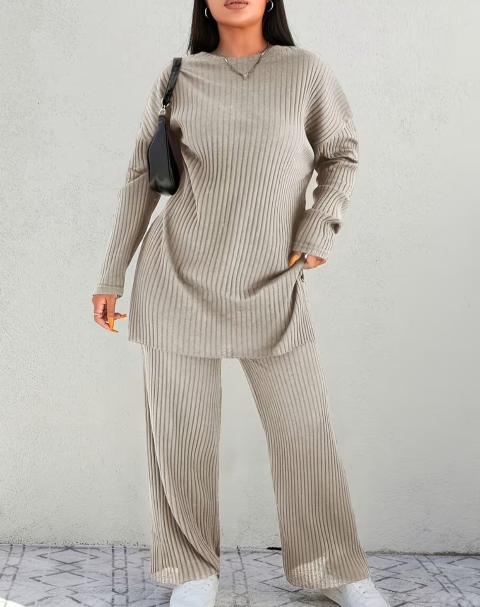 Plus Size Rib Huispak Dames – Comfortabele Tuniek & Broek Set – Geschikt voor Binnen en Buiten maat 3XL eu 50