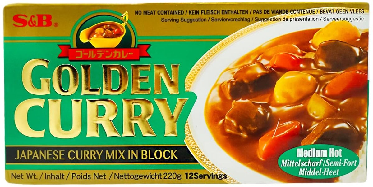 S&B Japanese Golden Curry Mix 3 x 220 g Middelmatig pittig – Originele Japanse Currysaus in Blokvorm | Rijke en Milde Smaak | Authentieke Japanse Curry | Product van Japan met Kajal Sticker