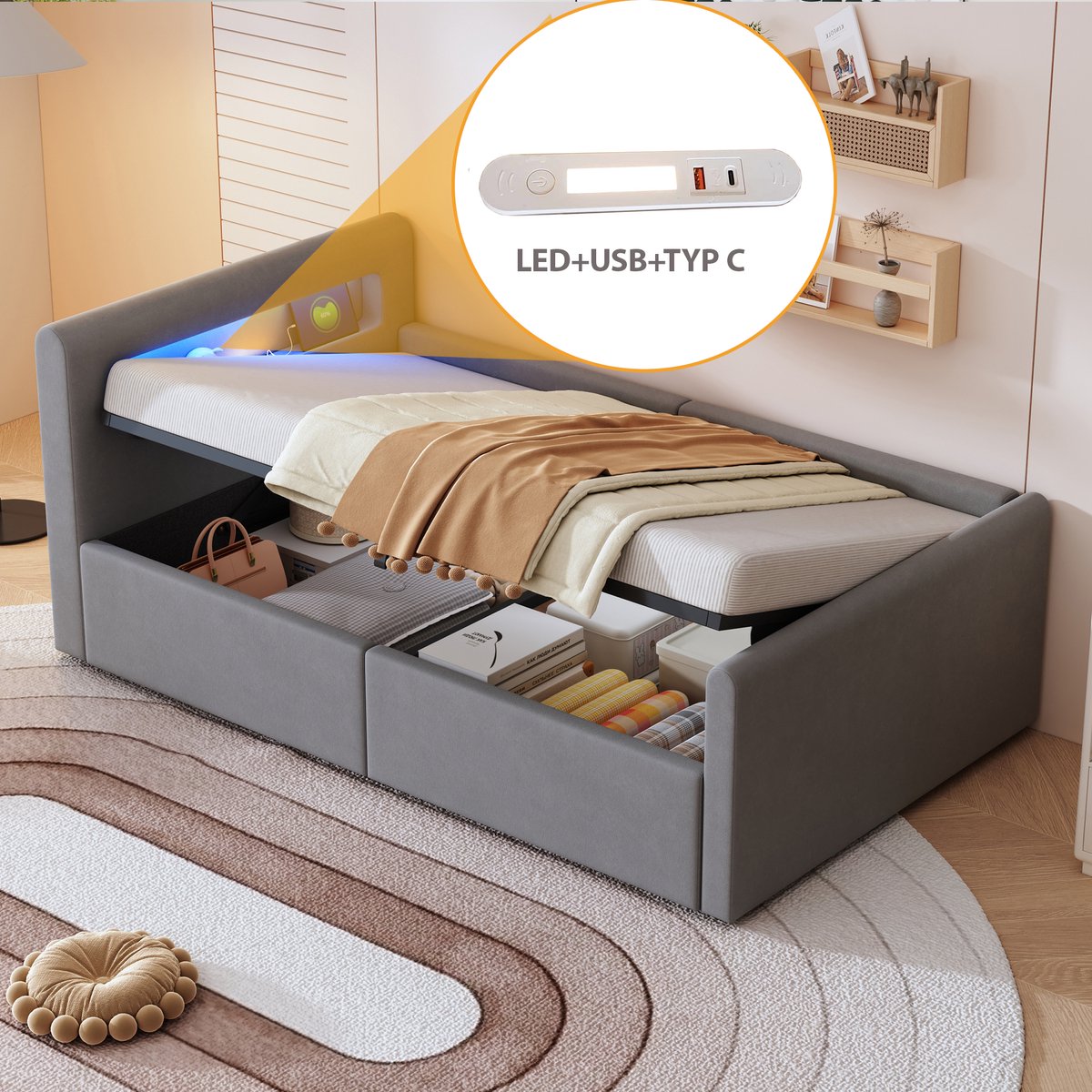 OKWISH Gestoffeerd bed 90x200 cm – Eenpersoonsbed met LED-nachtlamp & USB-poort – Hydraulische opbergruimte onder bed – Fluweel – Lichtgrijs – Zonder matras