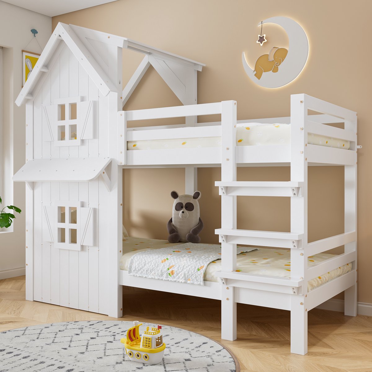 OKWISH Stapelbed 90x200cm – Kinder Stapelbed Met Ramen & Dak – Zijdelingse Veiligheidshekken – Voor Kinderkamer – Hout+MDF – Wit – Zonder matras