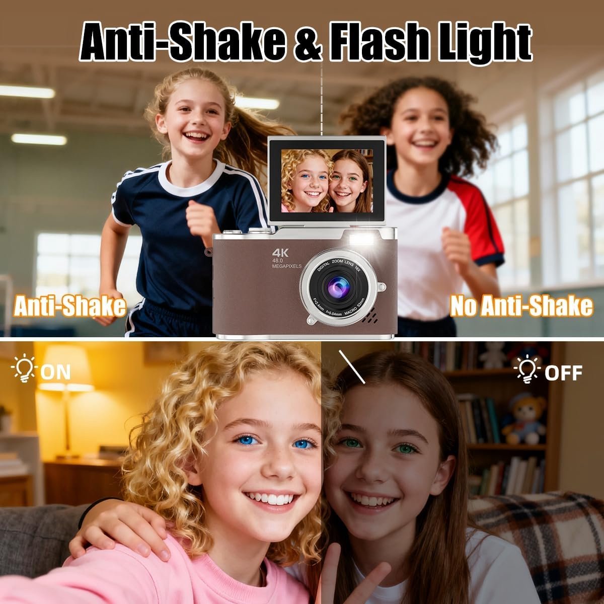 Digitale camera - 4K Digitale Camera 48MP met Flip Screen – Selfiecamera met 8x Zoom + 32GB Geheugenkaart - met 2,4 inch HD-kantelscherm, ingebouwd LED-invullicht - Vlogcamera - digitale camera kinderen - voor tieners en studenten (Bruin) thumbnail 4